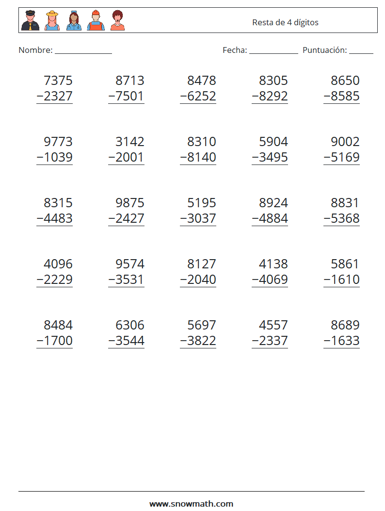 (25) Resta de 4 dígitos Hojas de trabajo de matemáticas 17