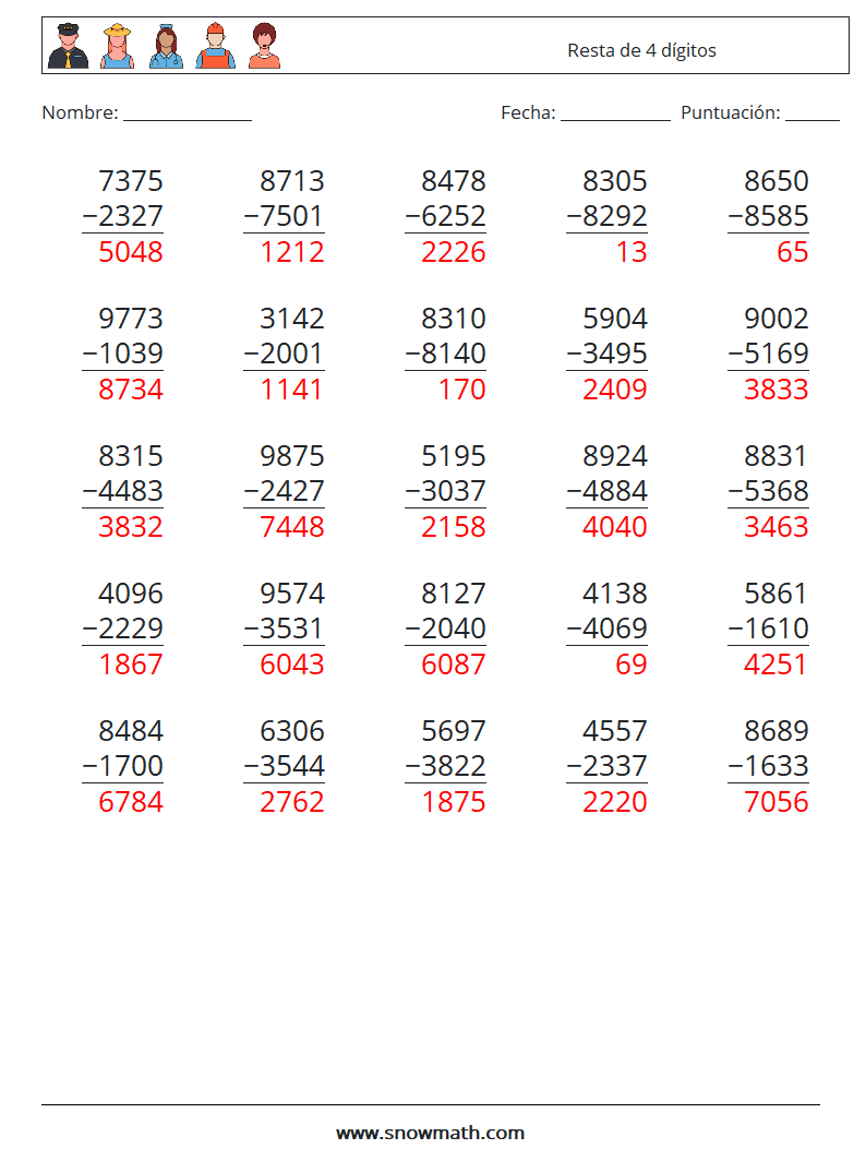 (25) Resta de 4 dígitos Hojas de trabajo de matemáticas 17 Pregunta, respuesta