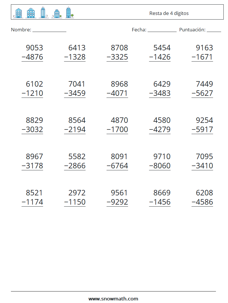 (25) Resta de 4 dígitos Hojas de trabajo de matemáticas 18