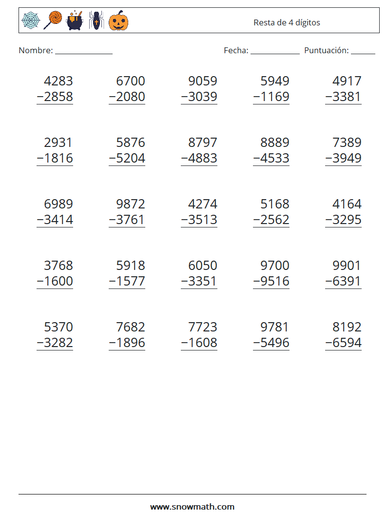 (25) Resta de 4 dígitos Hojas de trabajo de matemáticas 2