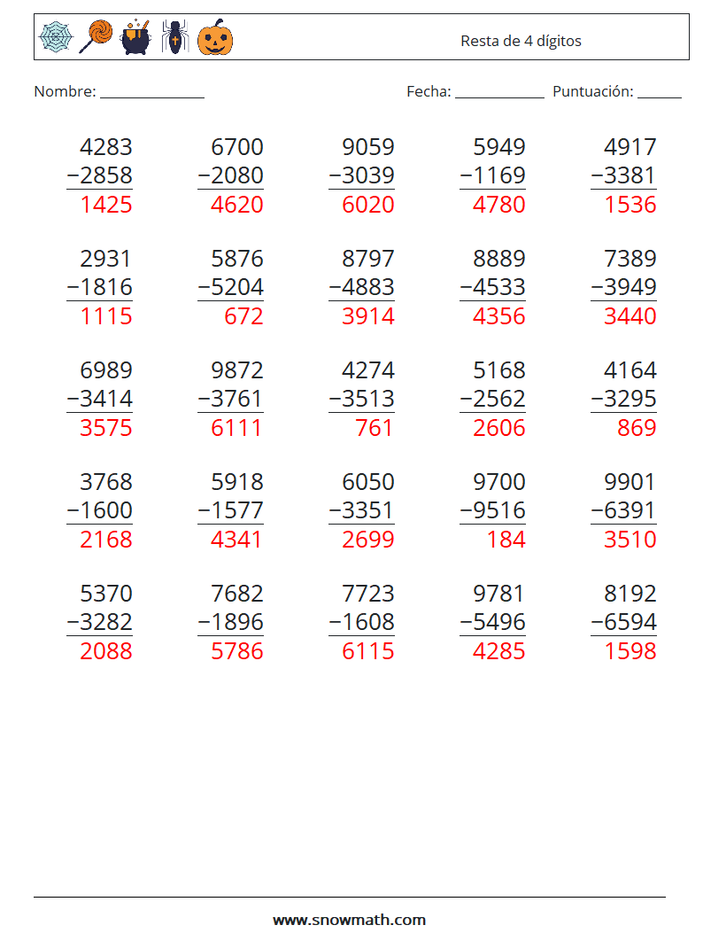 (25) Resta de 4 dígitos Hojas de trabajo de matemáticas 2 Pregunta, respuesta