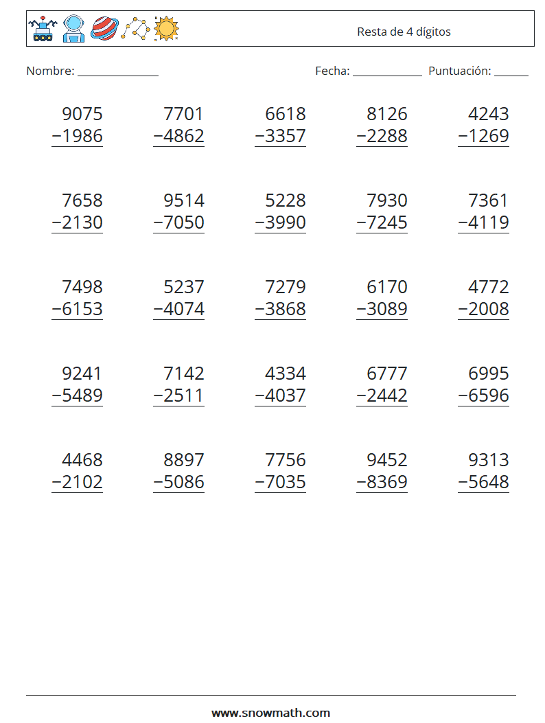 (25) Resta de 4 dígitos Hojas de trabajo de matemáticas 3