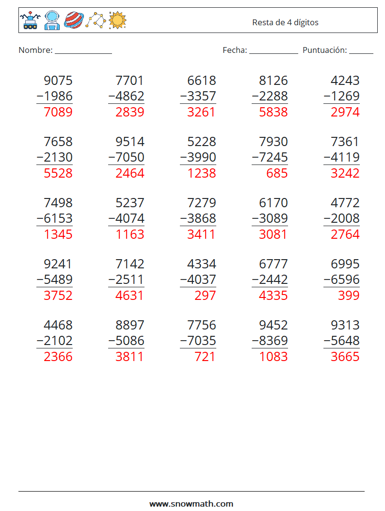 (25) Resta de 4 dígitos Hojas de trabajo de matemáticas 3 Pregunta, respuesta