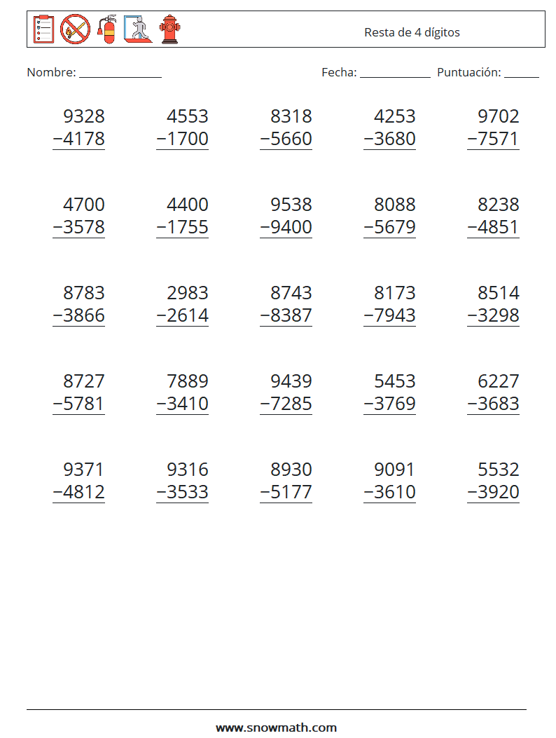 (25) Resta de 4 dígitos Hojas de trabajo de matemáticas 4