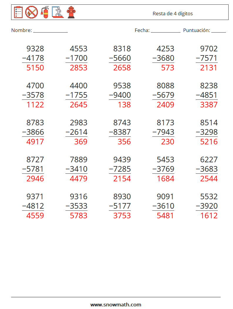 (25) Resta de 4 dígitos Hojas de trabajo de matemáticas 4 Pregunta, respuesta