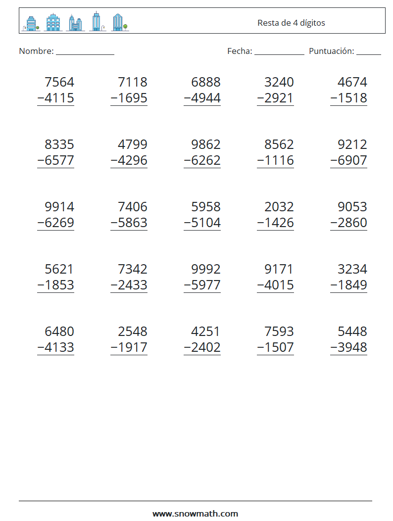 (25) Resta de 4 dígitos Hojas de trabajo de matemáticas 5