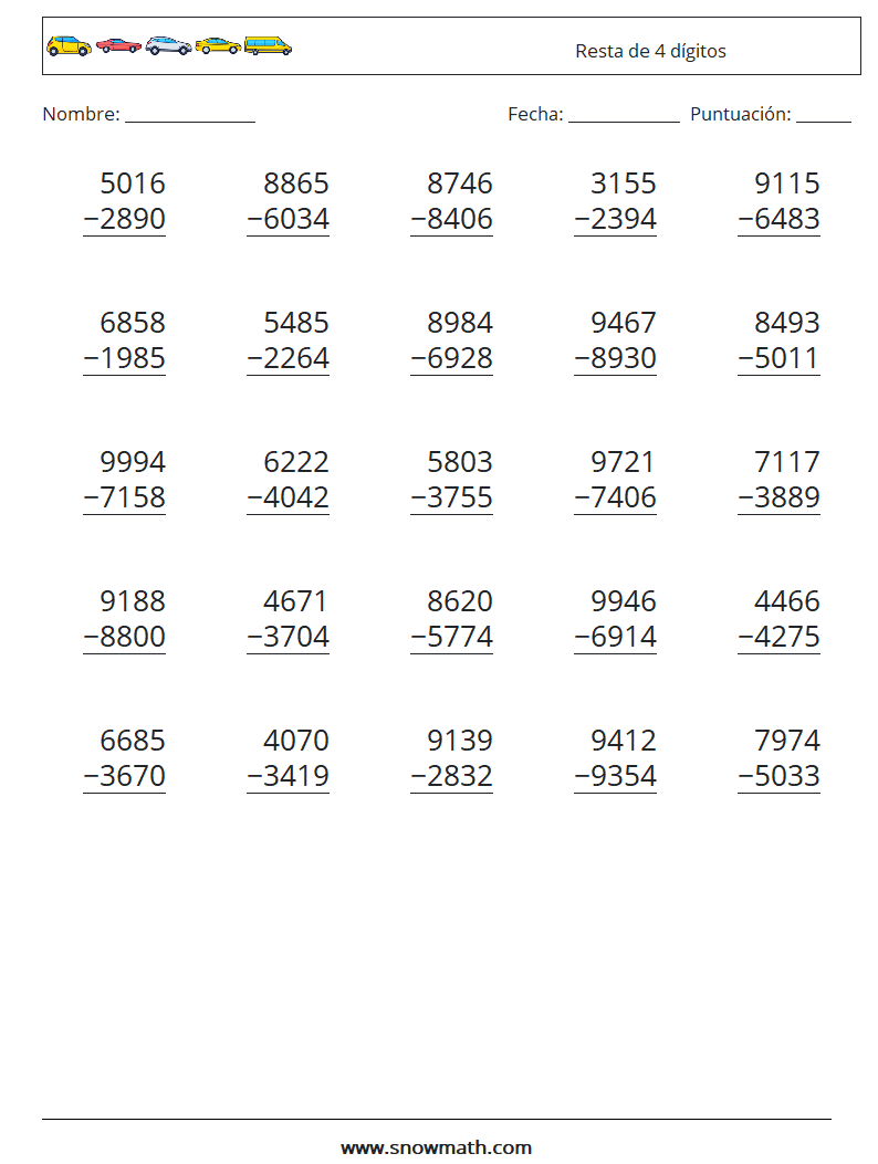 (25) Resta de 4 dígitos Hojas de trabajo de matemáticas 6