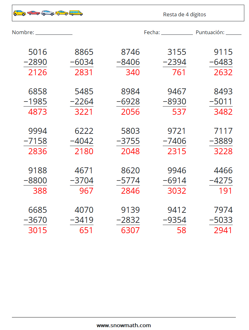 (25) Resta de 4 dígitos Hojas de trabajo de matemáticas 6 Pregunta, respuesta