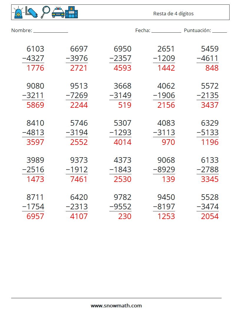 (25) Resta de 4 dígitos Hojas de trabajo de matemáticas 7 Pregunta, respuesta