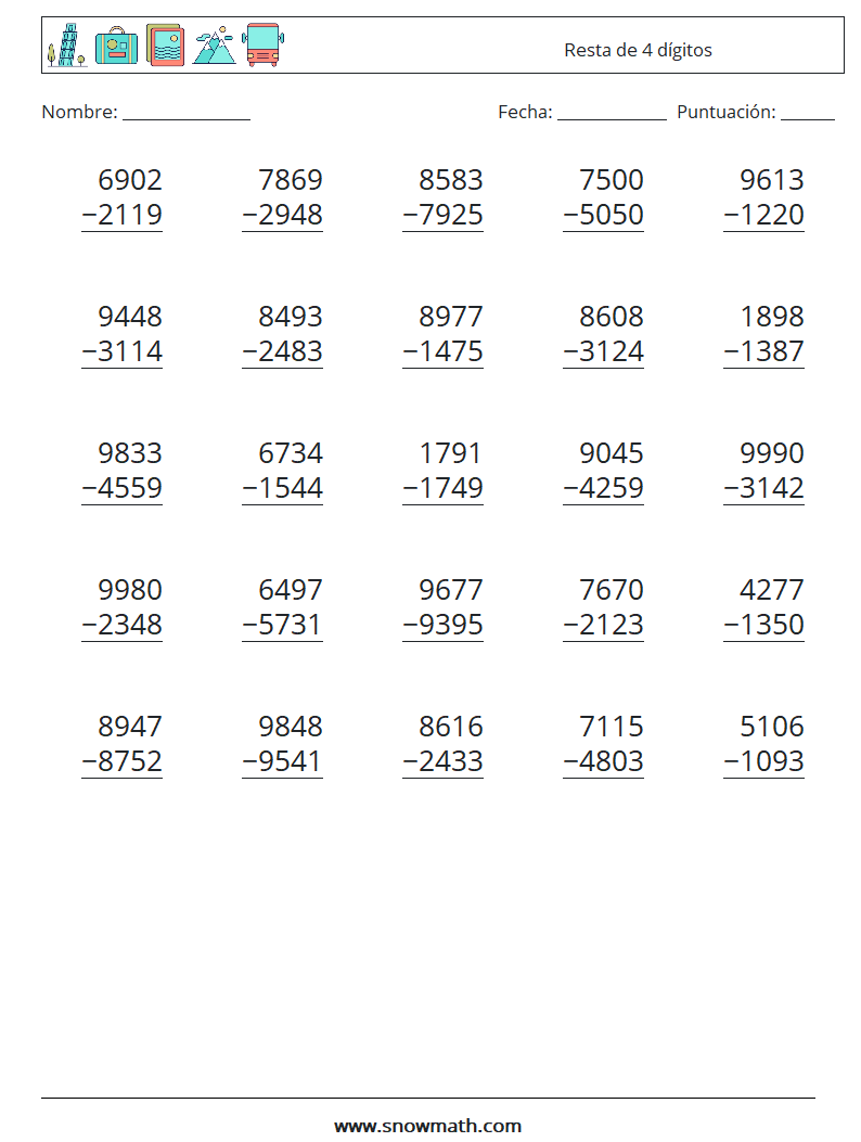 (25) Resta de 4 dígitos Hojas de trabajo de matemáticas 8