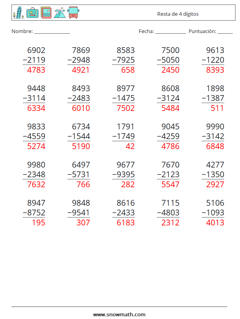 (25) Resta de 4 dígitos Hojas de trabajo de matemáticas 8 Pregunta, respuesta