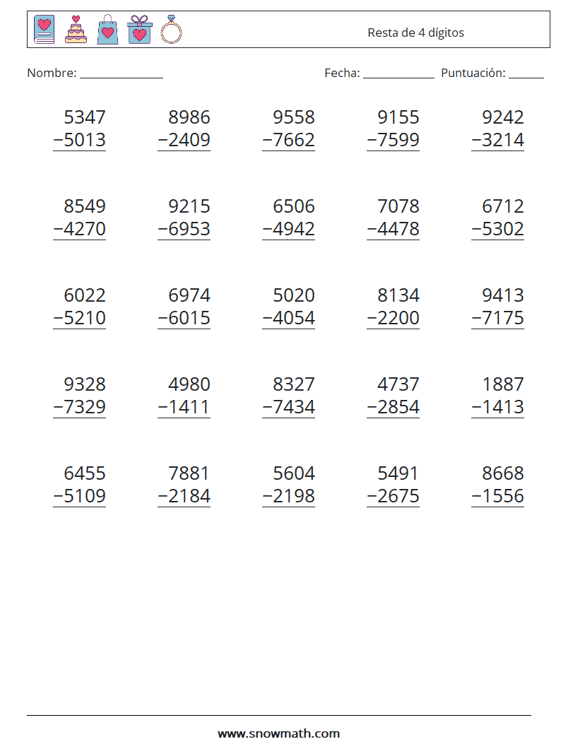 (25) Resta de 4 dígitos Hojas de trabajo de matemáticas 9