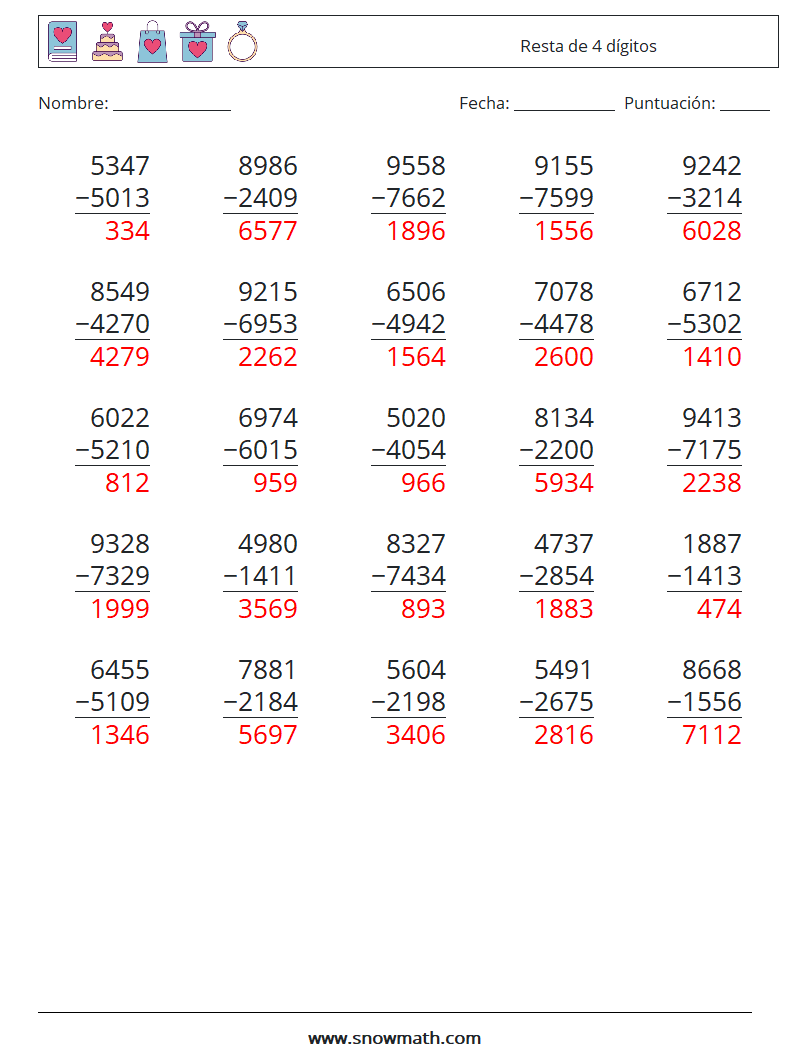 (25) Resta de 4 dígitos Hojas de trabajo de matemáticas 9 Pregunta, respuesta