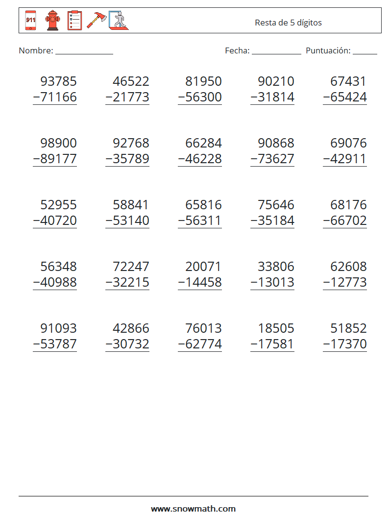 (25) Resta de 5 dígitos Hojas de trabajo de matemáticas 1