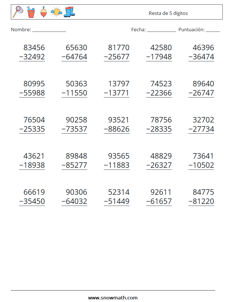 (25) Resta de 5 dígitos Hojas de trabajo de matemáticas 10