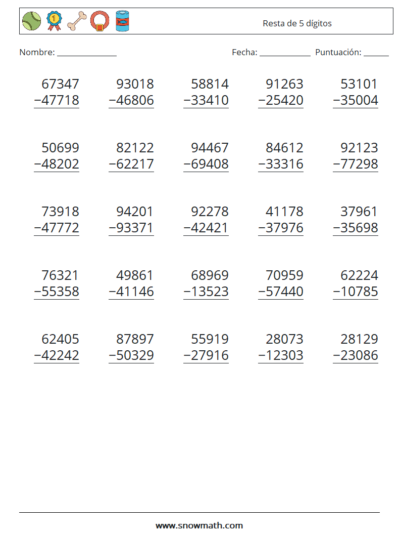 (25) Resta de 5 dígitos Hojas de trabajo de matemáticas 11