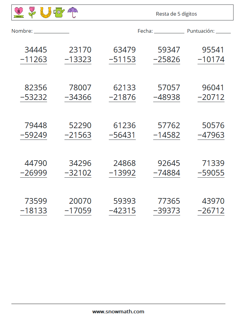 (25) Resta de 5 dígitos Hojas de trabajo de matemáticas 12