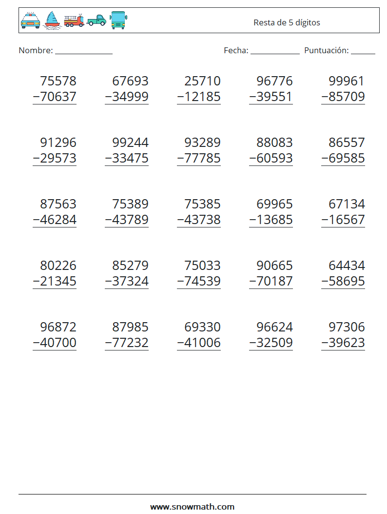 (25) Resta de 5 dígitos Hojas de trabajo de matemáticas 13