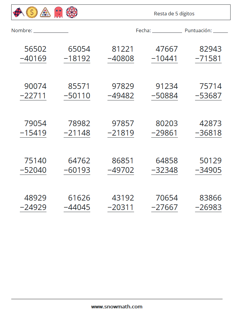 (25) Resta de 5 dígitos Hojas de trabajo de matemáticas 14