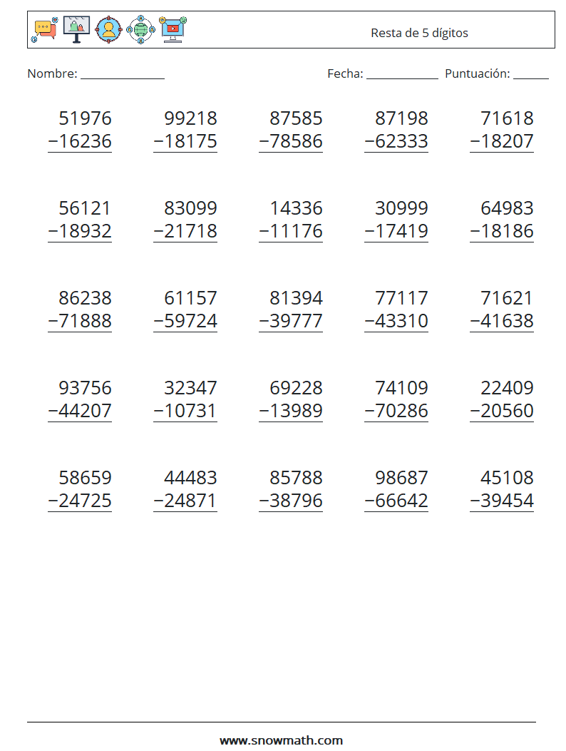 (25) Resta de 5 dígitos Hojas de trabajo de matemáticas 15