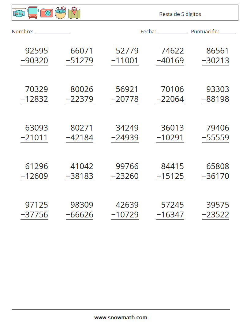 (25) Resta de 5 dígitos Hojas de trabajo de matemáticas 16