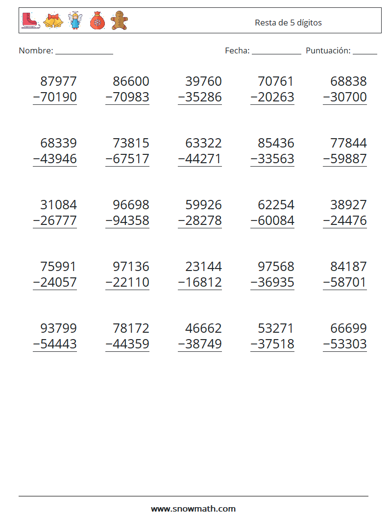 (25) Resta de 5 dígitos Hojas de trabajo de matemáticas 17
