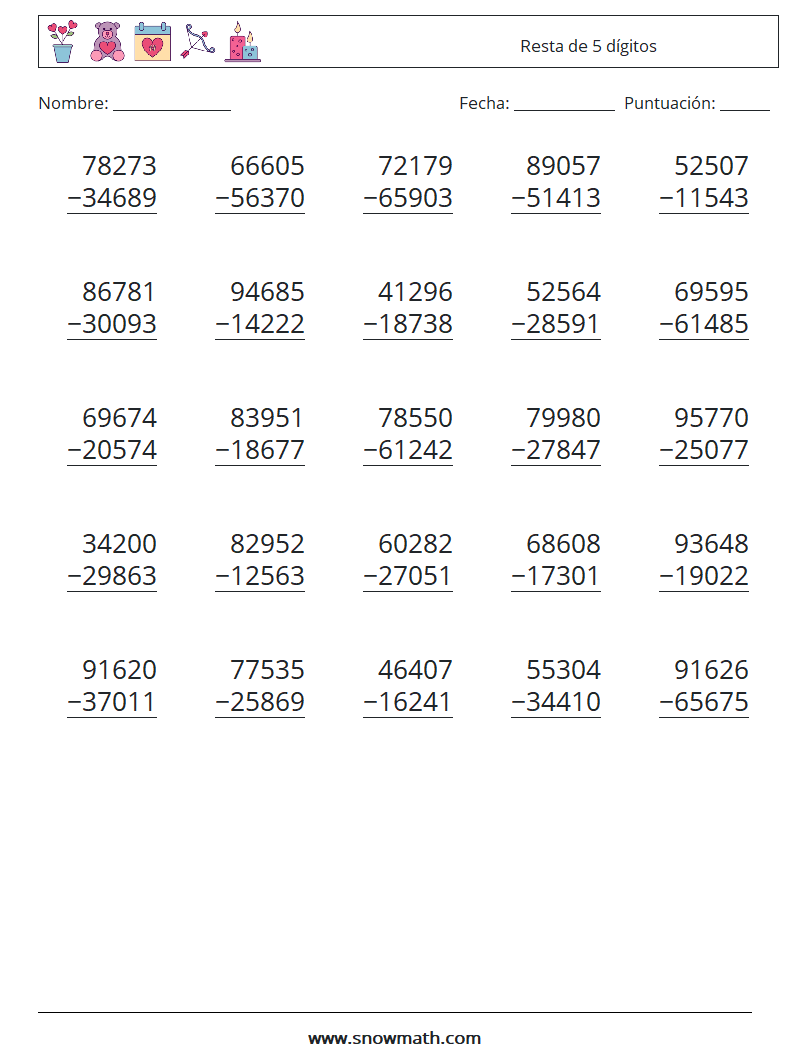 (25) Resta de 5 dígitos Hojas de trabajo de matemáticas 18