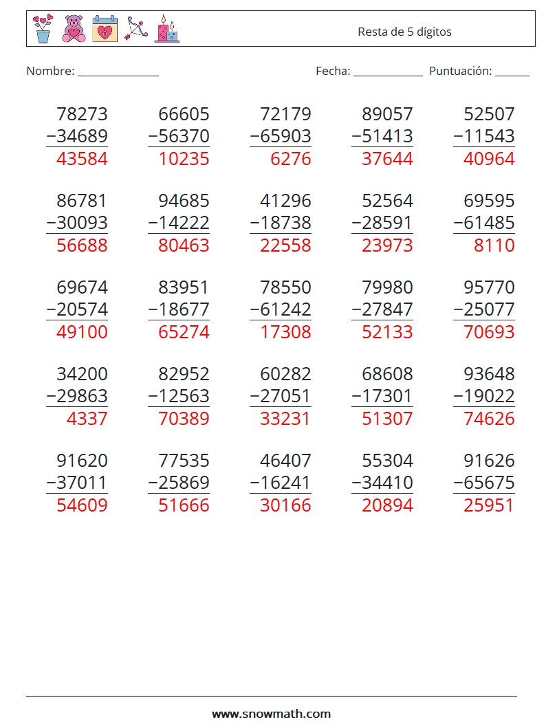 (25) Resta de 5 dígitos Hojas de trabajo de matemáticas 18 Pregunta, respuesta