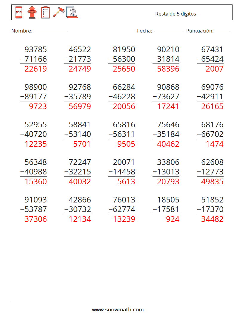 (25) Resta de 5 dígitos Hojas de trabajo de matemáticas 1 Pregunta, respuesta