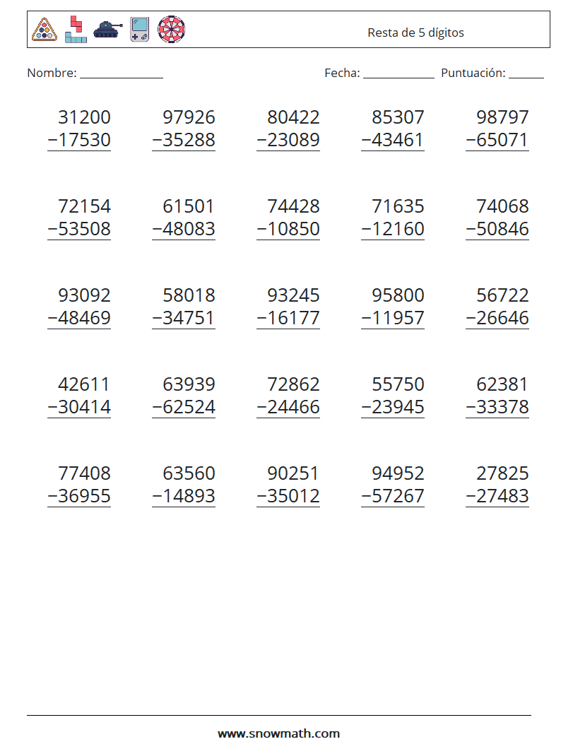 (25) Resta de 5 dígitos Hojas de trabajo de matemáticas 2