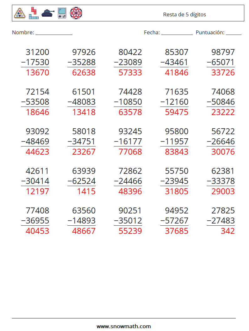 (25) Resta de 5 dígitos Hojas de trabajo de matemáticas 2 Pregunta, respuesta