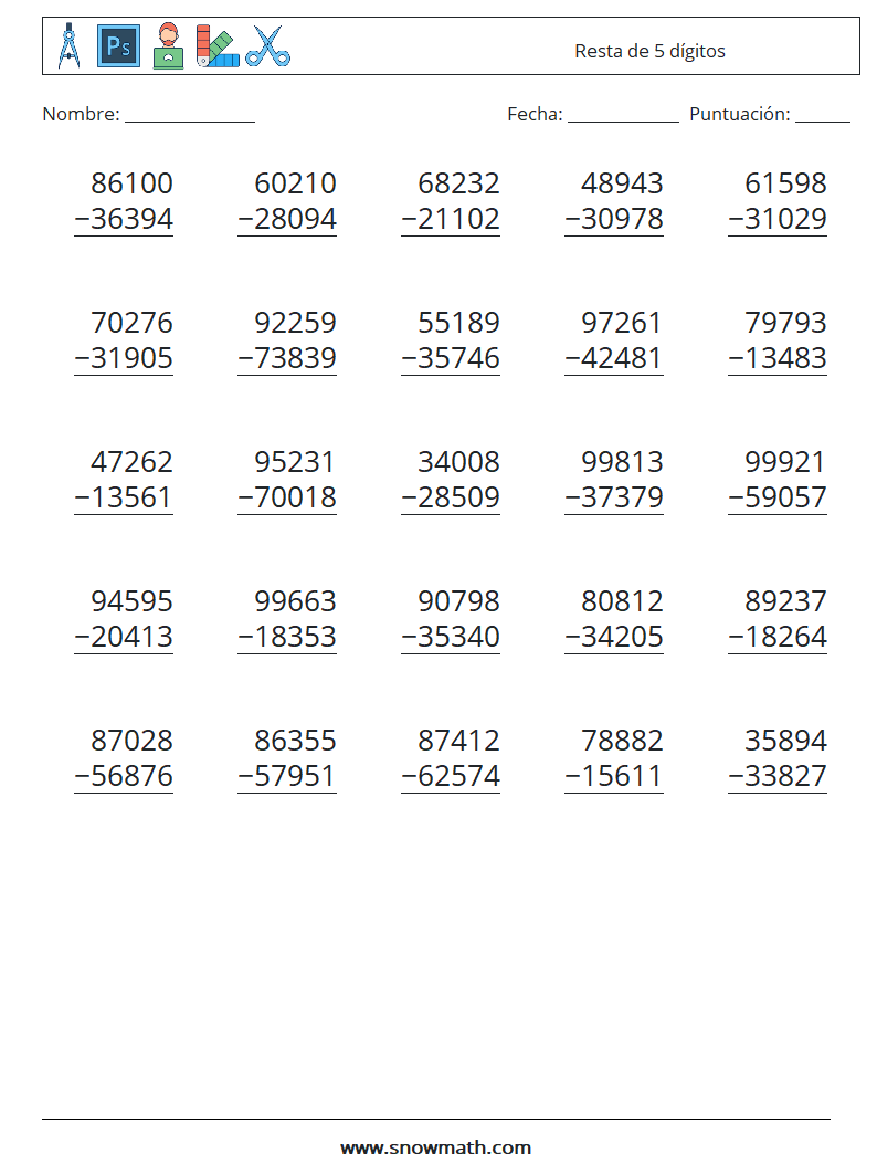 (25) Resta de 5 dígitos Hojas de trabajo de matemáticas 3