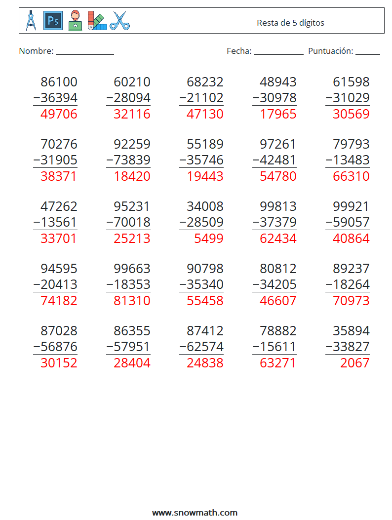 (25) Resta de 5 dígitos Hojas de trabajo de matemáticas 3 Pregunta, respuesta