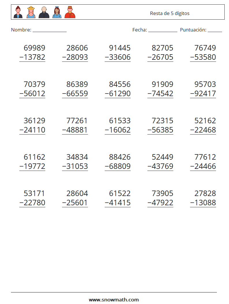 (25) Resta de 5 dígitos Hojas de trabajo de matemáticas 4