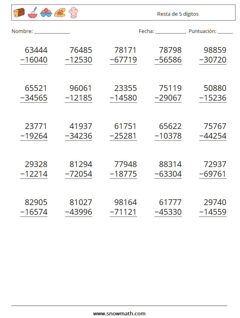 (25) Resta de 5 dígitos Hojas de trabajo de matemáticas 5