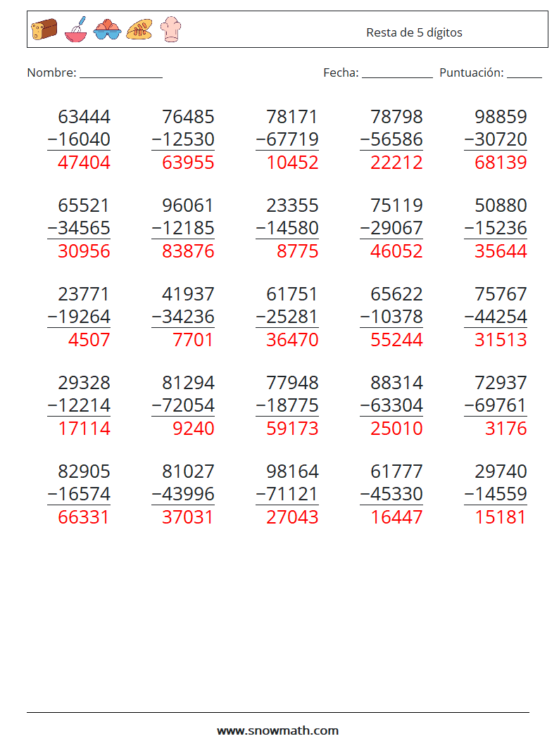 (25) Resta de 5 dígitos Hojas de trabajo de matemáticas 5 Pregunta, respuesta