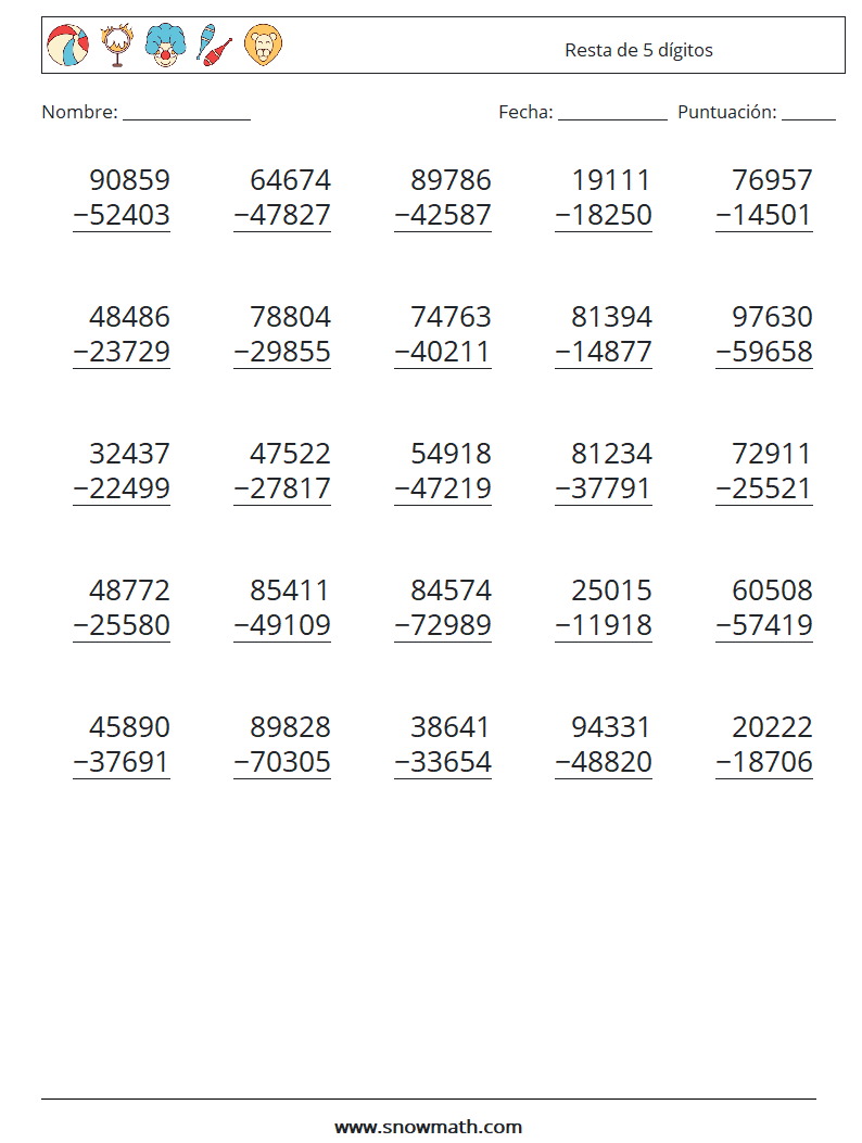 (25) Resta de 5 dígitos Hojas de trabajo de matemáticas 6