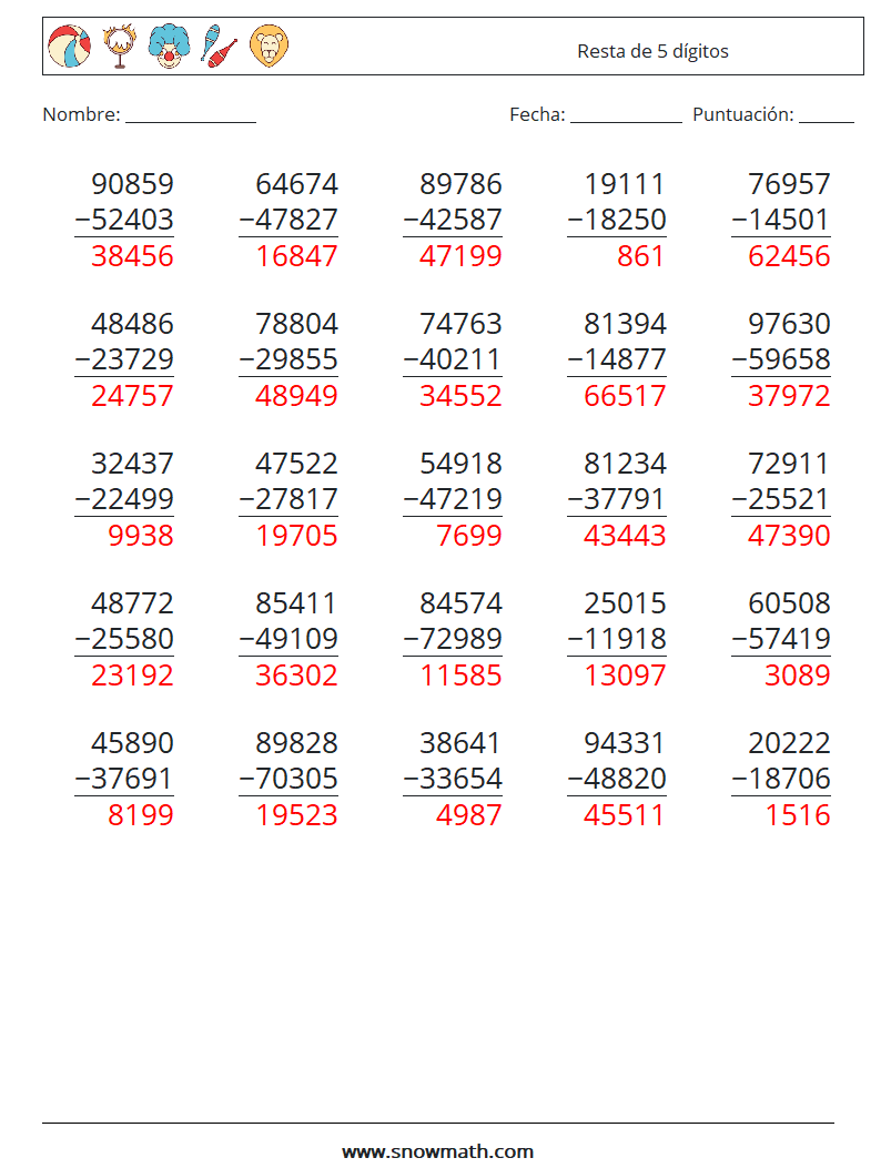 (25) Resta de 5 dígitos Hojas de trabajo de matemáticas 6 Pregunta, respuesta