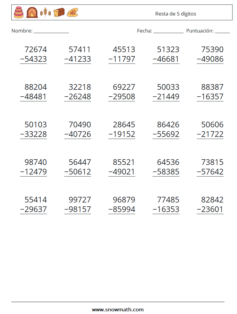 (25) Resta de 5 dígitos Hojas de trabajo de matemáticas 7