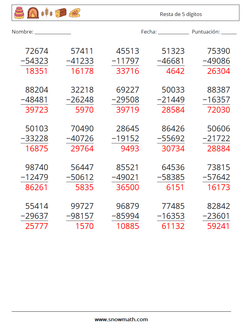 (25) Resta de 5 dígitos Hojas de trabajo de matemáticas 7 Pregunta, respuesta