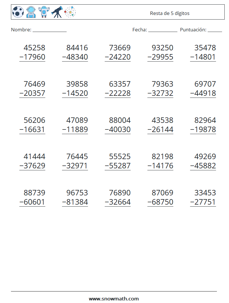 (25) Resta de 5 dígitos Hojas de trabajo de matemáticas 8