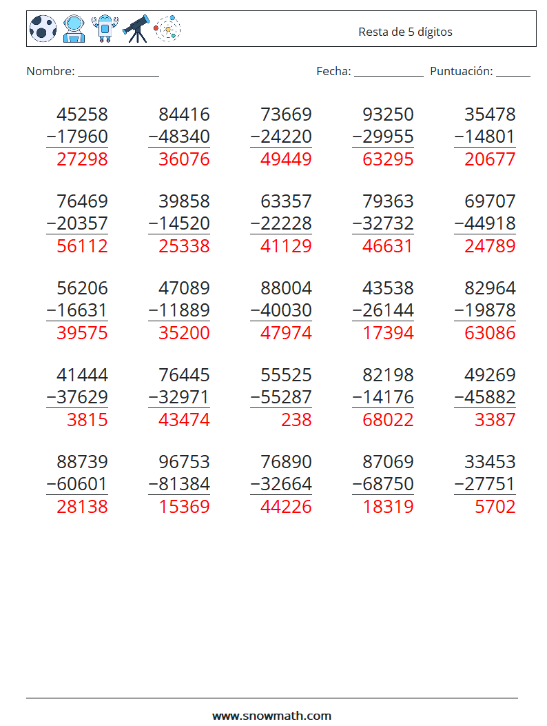 (25) Resta de 5 dígitos Hojas de trabajo de matemáticas 8 Pregunta, respuesta