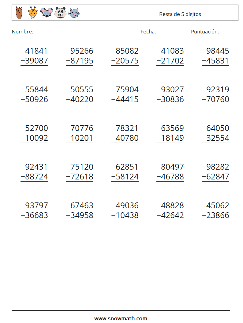 (25) Resta de 5 dígitos Hojas de trabajo de matemáticas 9