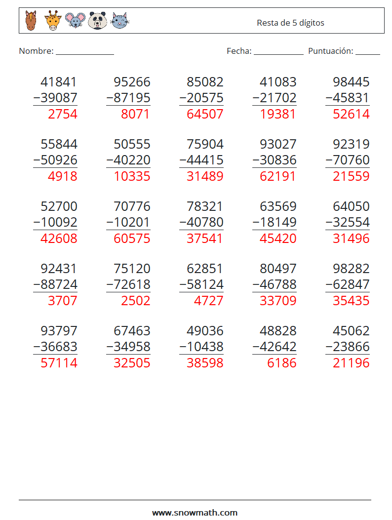 (25) Resta de 5 dígitos Hojas de trabajo de matemáticas 9 Pregunta, respuesta