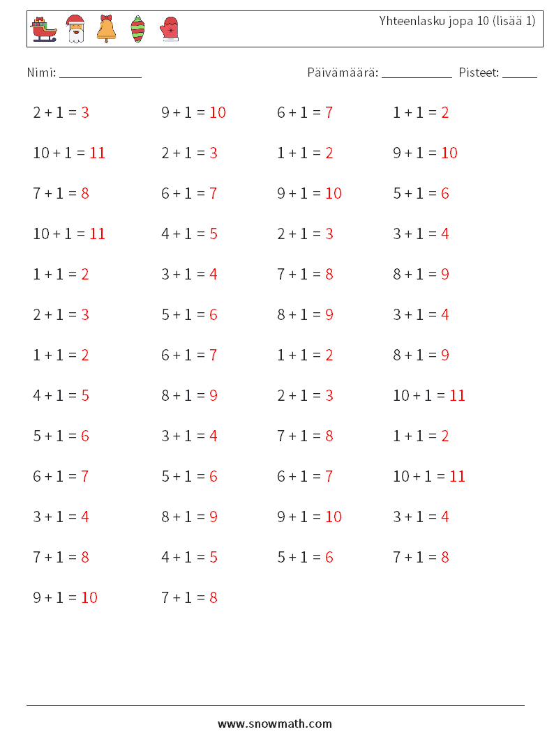 (50) Yhteenlasku jopa 10 (lisää 1) Matematiikan laskentataulukot 2 Kysymys, vastaus