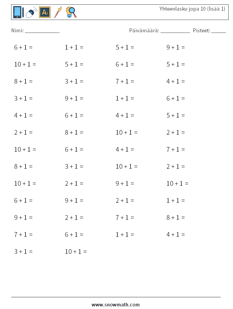 (50) Yhteenlasku jopa 10 (lisää 1) Matematiikan laskentataulukot 3