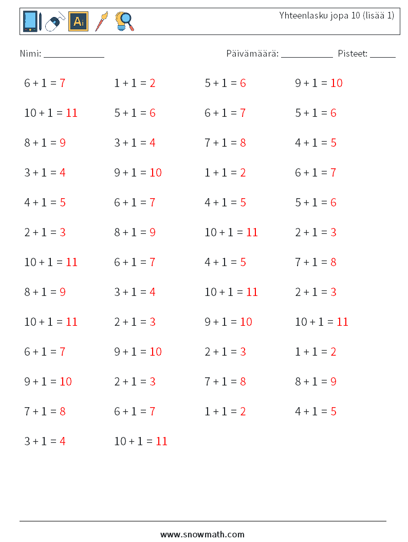 (50) Yhteenlasku jopa 10 (lisää 1) Matematiikan laskentataulukot 3 Kysymys, vastaus