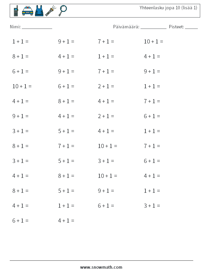 (50) Yhteenlasku jopa 10 (lisää 1) Matematiikan laskentataulukot 4