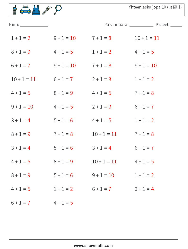 (50) Yhteenlasku jopa 10 (lisää 1) Matematiikan laskentataulukot 4 Kysymys, vastaus