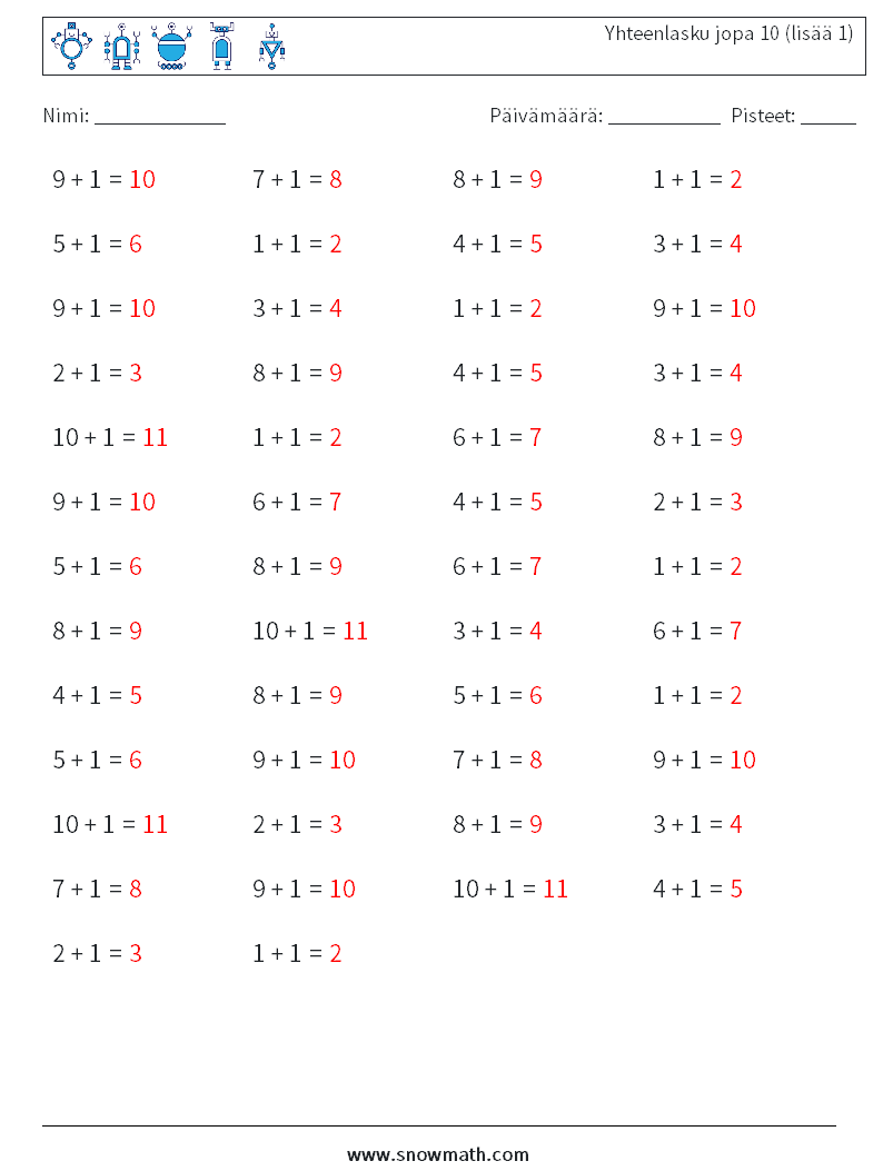 (50) Yhteenlasku jopa 10 (lisää 1) Matematiikan laskentataulukot 5 Kysymys, vastaus